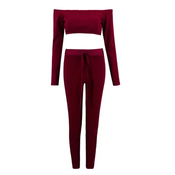 

Women Sexy New Fashion Red Black Beige Cocktail Two Piece Sets Bandage Jumpsuuit Long Sleeve Slash Neck Bodycon Party Junpsuit