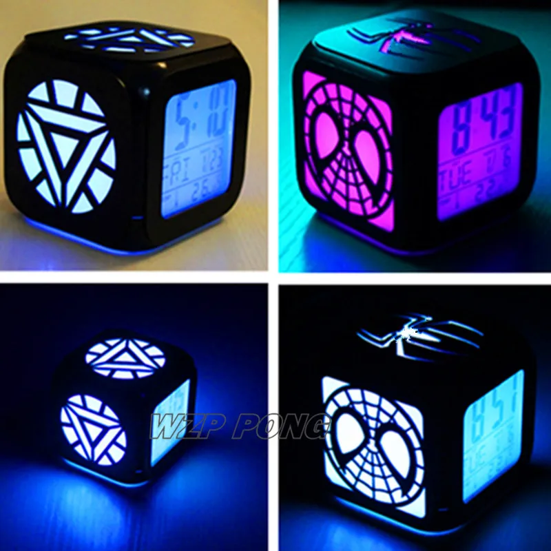 

New Avengers Spider-Man Iron Man Arc Reactor ver Alarm Clock LED Color Changing Digital Clock Night wake up light table Clock