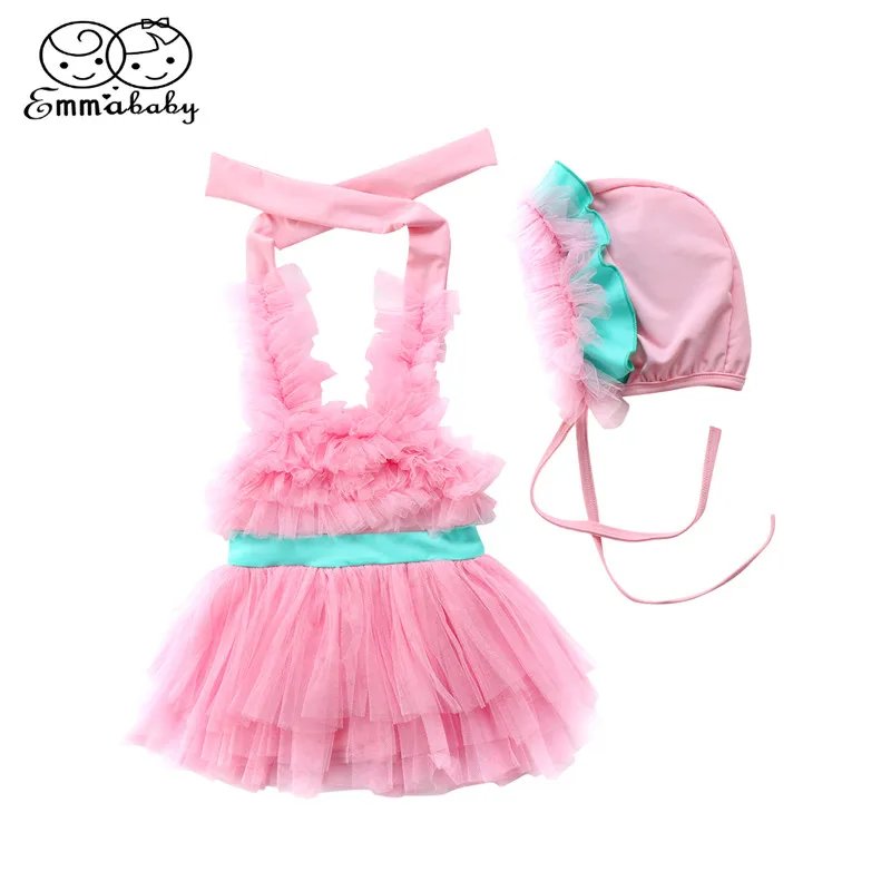 Pretty Kids Swimsuit+Hats 2Pcs Summer Toddler Kid Baby Girls Pink Lace