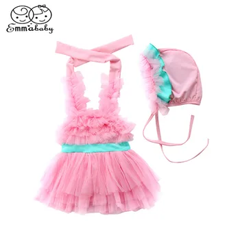 

Pretty Kids Swimsuit+Hats 2Pcs Summer Toddler Kid Baby Girls Pink Lace Halter Dress Swimwear Swimsuit Cap Beachwear Bathing Suit