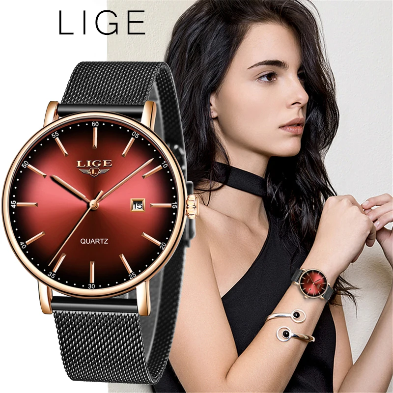 Lige top бренд Для женщин часы класса люкс Женский сетчатый ремень ультра-тонкие