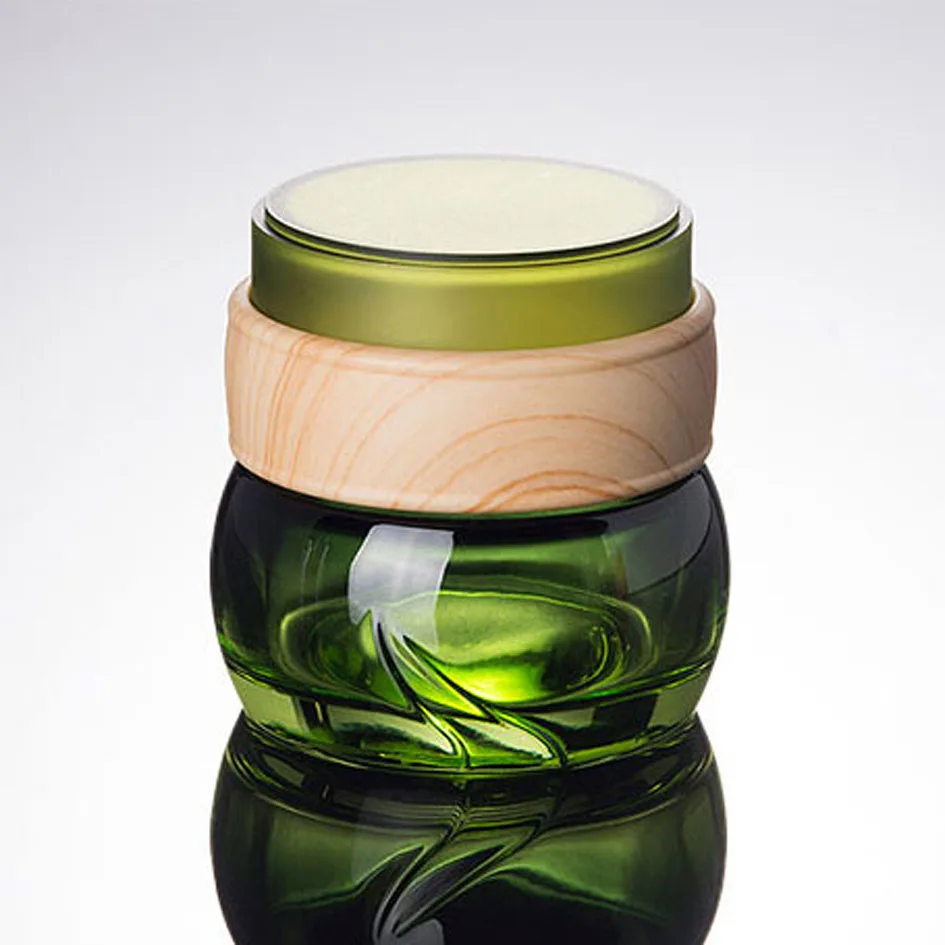 

50G Green Empty Glass Cream Bottle with Wood Lid Cosmetic Face Mask Serum Essence Eye Cream Container Jars 50pcs/lot