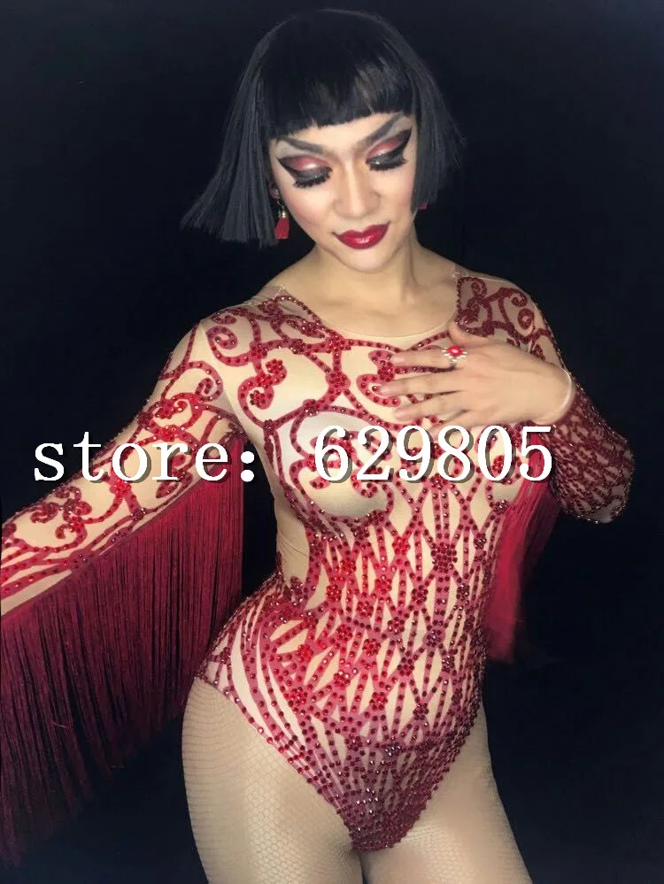 Glitter Bar Strass Rot K Dance Kost rper Nachtclub Quaste Outfit Frauen 6yfgb7