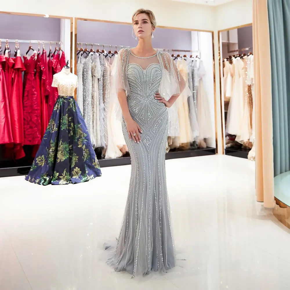 Heavy beaded mermaid evening Dresses long 2018 Poncho cout train evening dresses hijab Prom dress tulle formal Gown Vestido