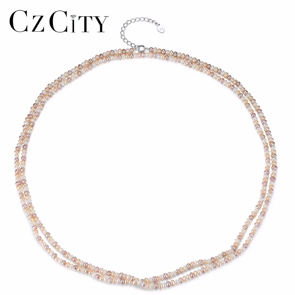 CZCITY – collier de perles multicolores en argent Sterling 925 pour femmes, breloque Double pont, Long, chaîne à maillons, bijoux