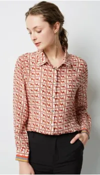 

Spring/summer 2019 new white ground red horse lapel loose cardigan shirt women silk long sleeve lining