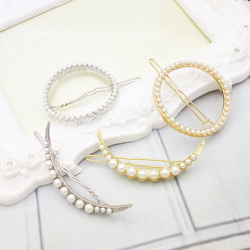 

Women Fashion Moon circle Hair Accessories Metal Pearl Hairpins Lady Simple Hair Clip Barrette Headwear Hair Styling Tool