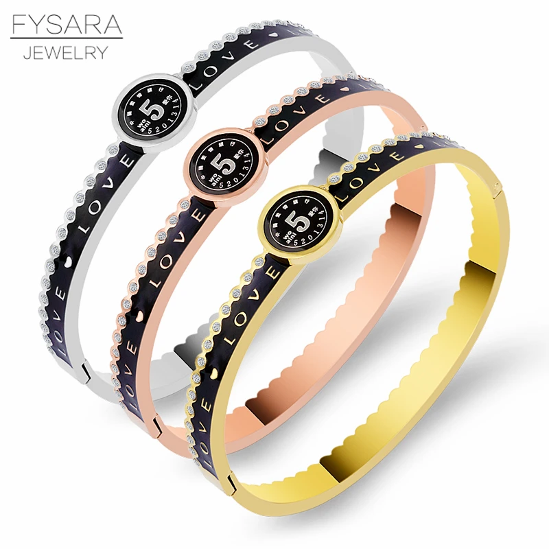 

FYSARA Luxury Brand Stainless Steel Jewelry Letter Love Bangles Chinese Name Couple Jewelry Number 5 Crystals Bangles For Women