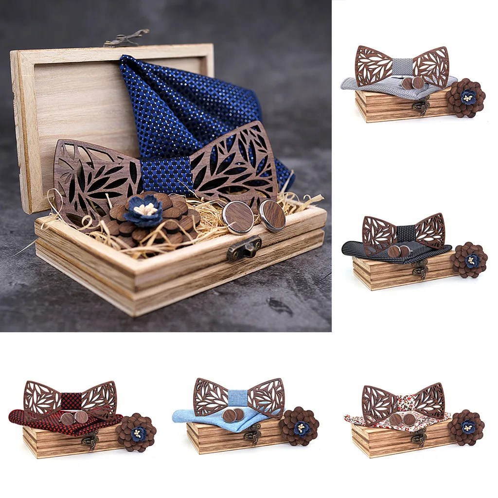 Wooden Bow Tie Handkerchief Set Men's Plaid Bowtie Wood Hollow carved cut out Floral design And Box Novelty ties Bowtie