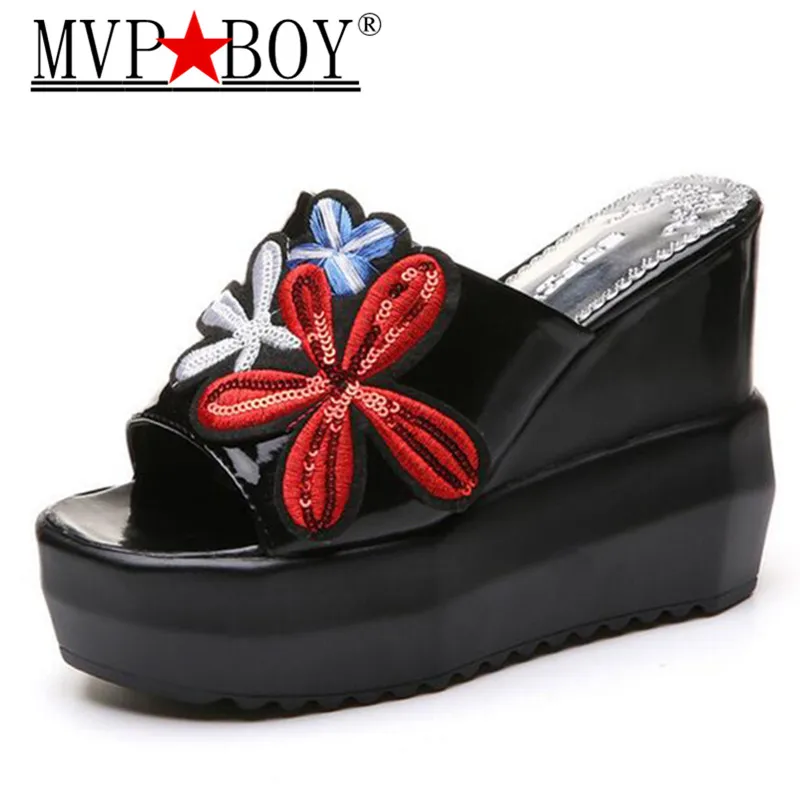 

Mvp Boy 2018 Summer Women Super High Wedges Slippers Embroidery Rose Slippers Euramerican fashion a Word slippers open toe Shoes