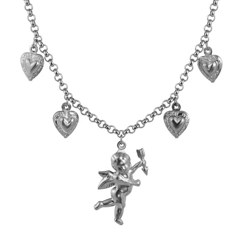 

New Fashion Titanium Stainless Steel Love Angel Wing Choker Love Heart Bell Clavicle Chain Cupid Necklace Jewelry Gifts Girls
