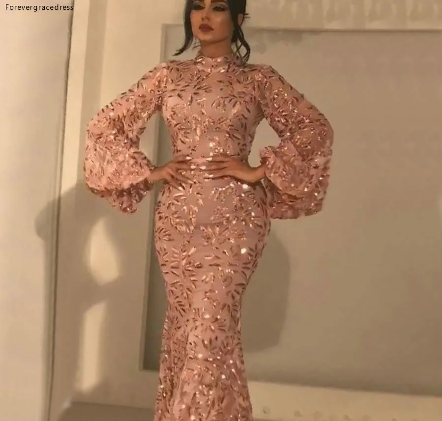 Shiny Rose Gold Lace Mermaid Evening Dresses High Neck Long Sleeves Appliques Evening Gowns Floor Length Mother of Bride Dress  166
