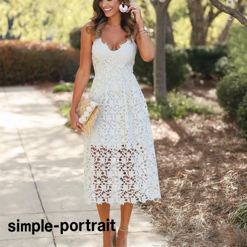 

SP-Simple Bohemiah Lace Dress Summer Women Elegant Fit and Flare solid Party Beach Dresses Long Spaghetti Dress 2173