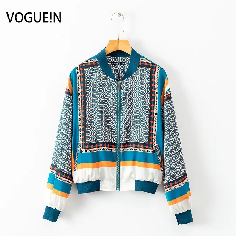 

VOGUEIN New Womens Casual Geometric Print Zipper Lightweight Bomber Jacket Coat Wholesale