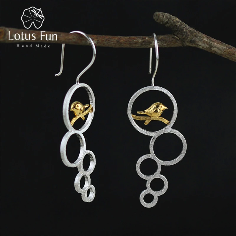 

Lotus Fun Real 925 Sterling Silver Natural Creative Handmade Fine Jewelry Elegant Flower Bird Dangle Earrings for Women Brincos