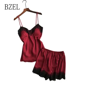

BZEL Women Clothes For Summer Shorts Sets Sleepwear Satin Pajama Cami Top + Shorts Pajamas Spaghetti Strap Lace Sexy Pajama 2PCS
