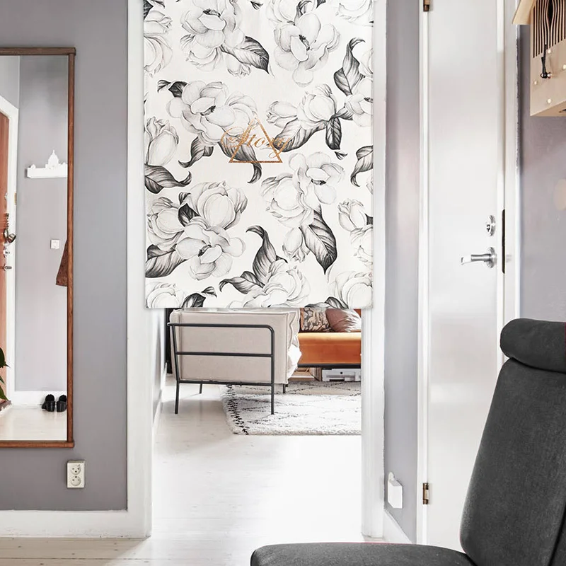 

Nordic black and white flower plant cloth shade door window curtain Japanese home decoration bedroom living room kitchen cafe