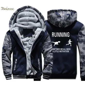 

Running Motivation Raptor Chase Hoodies Men Funny Dinosaur Sweatshirts Winter Thick Fleece Warm Camouflage Jackets Men's Coats