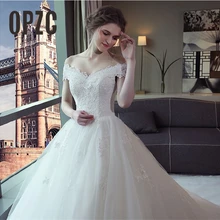Роскошные Кружева Вышивка Свадебные платья 100 см длинное платье со шлейфом, милое Элегантное свадебное платье Большие размеры платье невесты Robe De Mariage вырез лодочкой