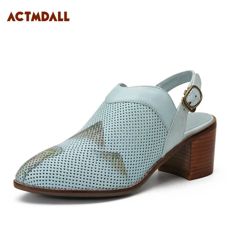 

2019 Spring Summer Thick High Heel Woman Sandals Leather Hand Painted Hollow Out Slingback Pumps Shoes Female Actmdall