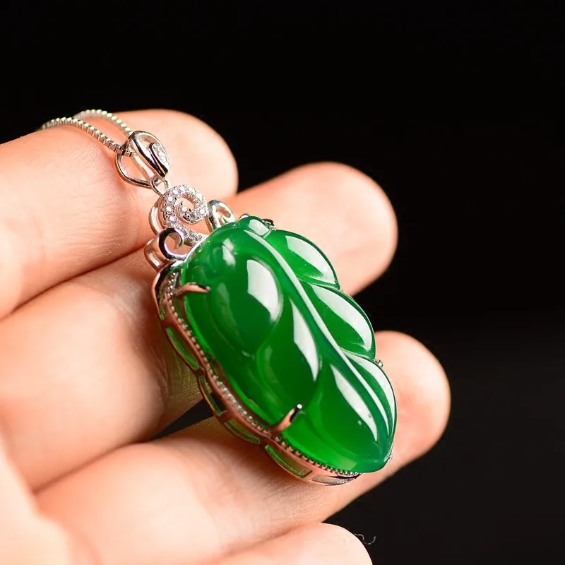 

Certificate Natural yu Necklace Pendant Carved leaf 925 silver Women Men Jewelry gift with Box/
