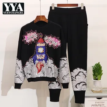 

Top Quality Womens Embroidered Flares Sequins Loose Kintting 2Pcs Sets Long Sleeve O-Neck Sweatshirt Elastic Waist Long Pants