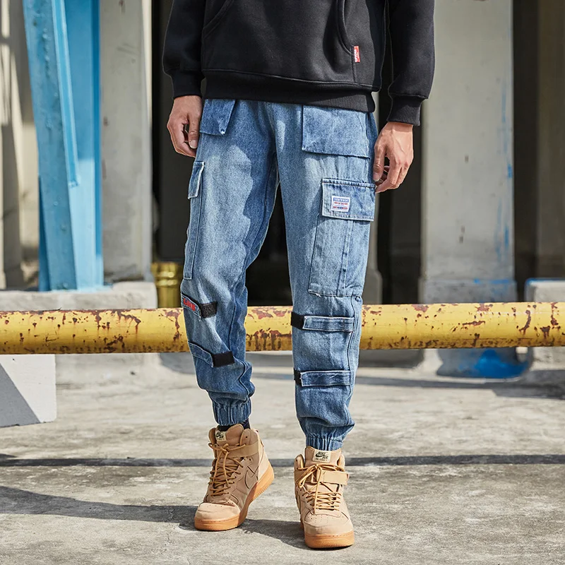 

American Streetwear Fashion Men Jeans Retro Blue Slack Bottom Loose Fit Denim Cargo Pants Jogger Hip Hop Jeans Men Harem Trouser