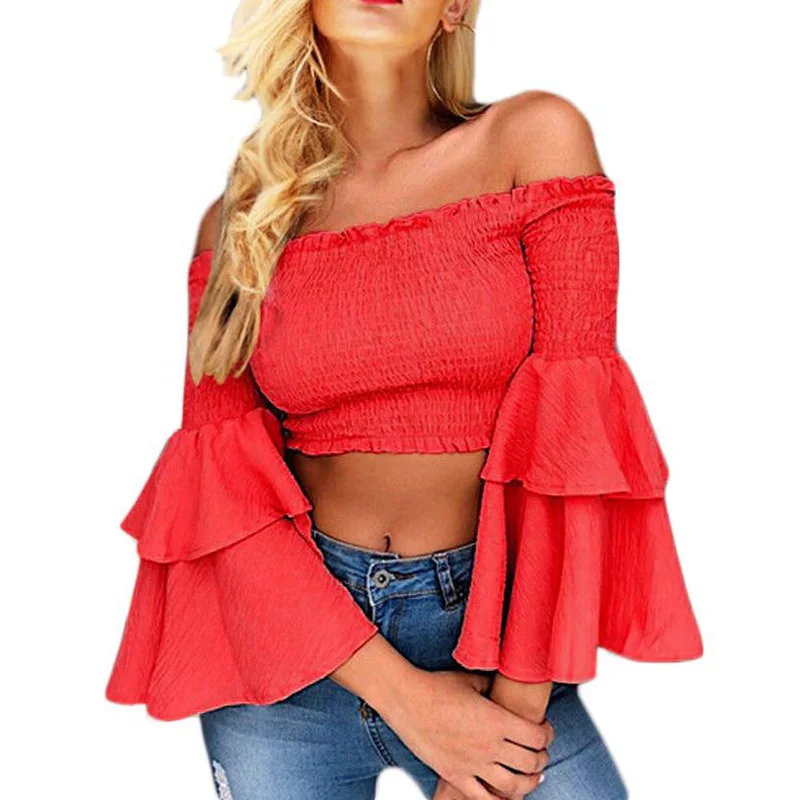 Off shoulder sexy blouse shirt ruffle long sleeve crop top women