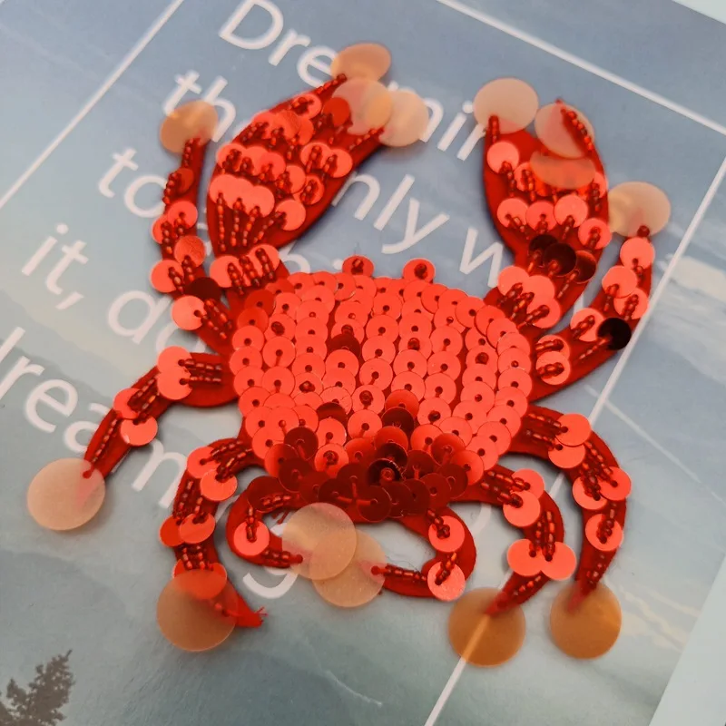

3D Handmade beaded color sequins Red crab patch applique for DIY hat Coat Trousers Bag Brooch Broche