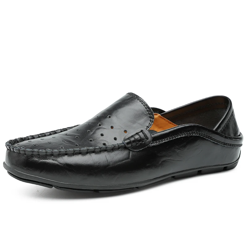 Итальянская мужская повседневная обувь; Роскошные брендовые летние мужские лоферы из натуральной кожи; Мокасины без шнуровки; дышащая мужская обувь для вождения; JKPUDUN - Цвет: Hollow out black