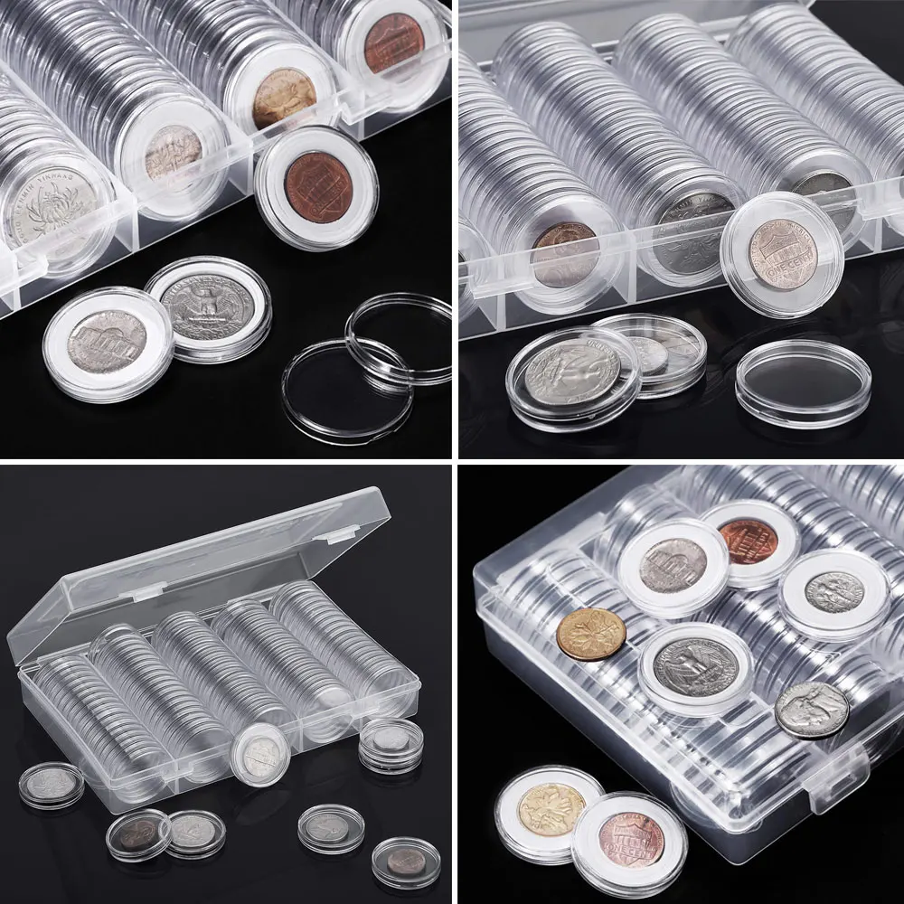 100pcs/lot Coin Capsules Round Plastic Coin Holder Box Case Container With Storage Organizer Box for Coin Collection Supplies