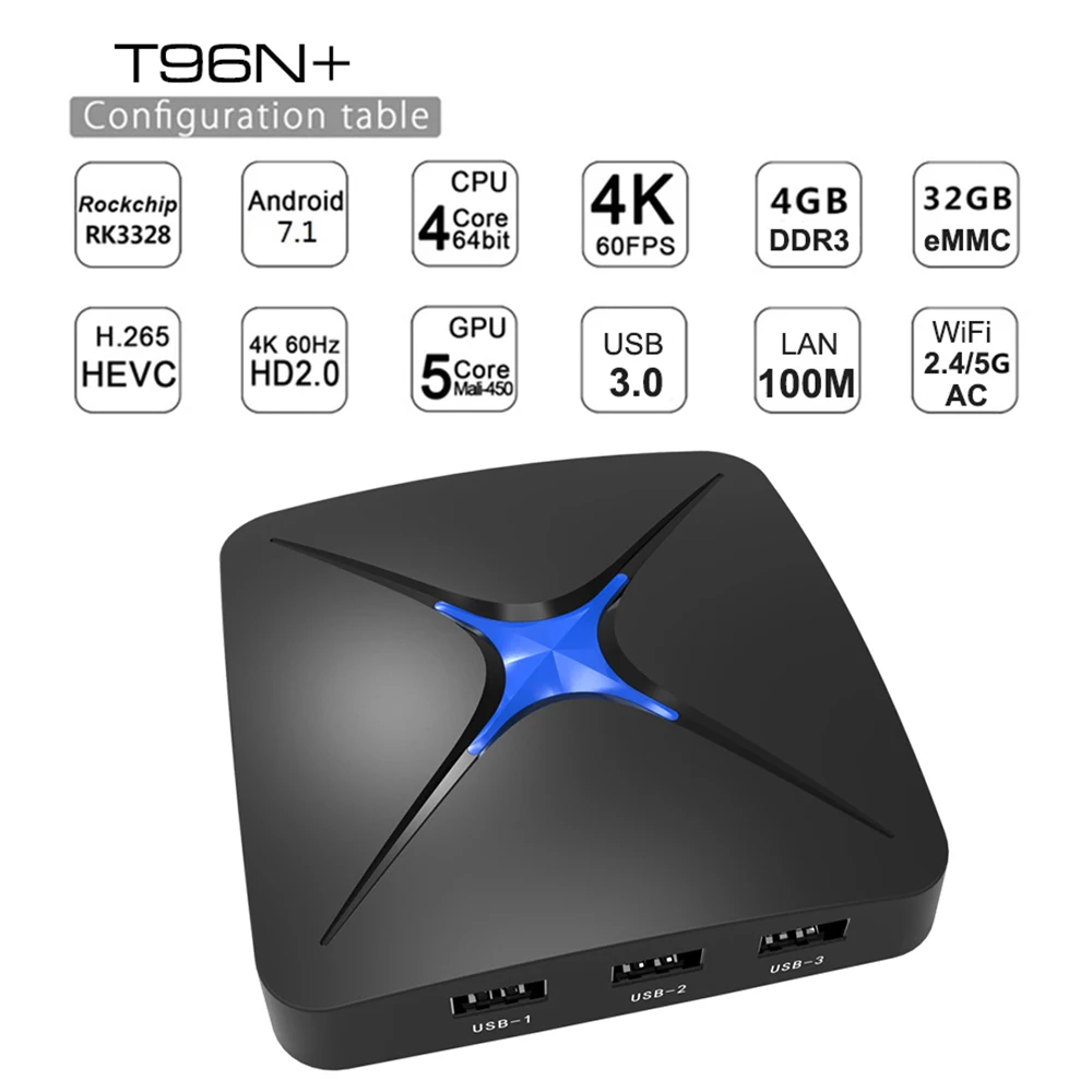 

T96N+ Smart TV Box Android 7.1 4GB/32GB RK3328 Quad-Core 4K Full HD 1080P Miracast AirPlay 2.4G+5G WiFi BT4.1 TF HD Media Player