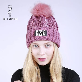 

RITOPER Winter New Curling Labeling Beanie Hat Letter M Fashion Plus Velvet Warm Hat Knitted Dome Adjustable Big Hair Ball Hat