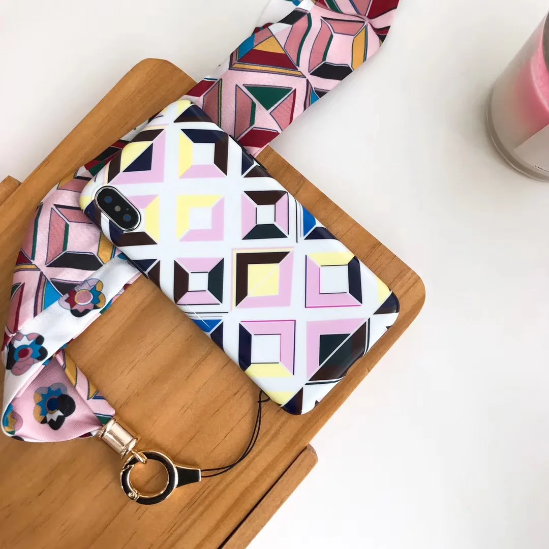 

For iPhone X tpu Case lattice pattern for iPhone 8 7 6 6s plus IMD cover case for iphone 7 plus 6S Leaves fundas + neck strap