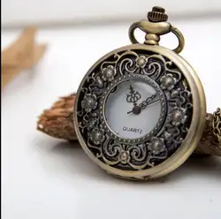 Винтаж бронза антиквариат цветы выдалбливают кварц ожерелье карманные часы стимпанк