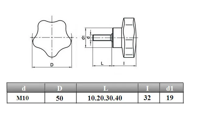 M10 наружная резьба 50 мм Головка лепестковая ручка черная, Зажимная винтовая ручка. Ручной регулировочный винт