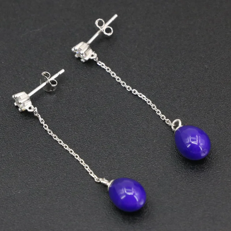 Pure Sterling Dangle Earring For Women 7x9mm Purple Baking Paint Glass Beads Long Drop Earrings Jewelry 4cm B3439 | Украшения и