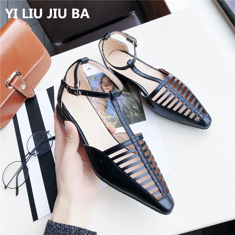 

Fashion Casual low Heel Women Sandals Buckle Pointed Toe Hollow sandals Square Heel Ladies Office dress Shoes women mujer **553