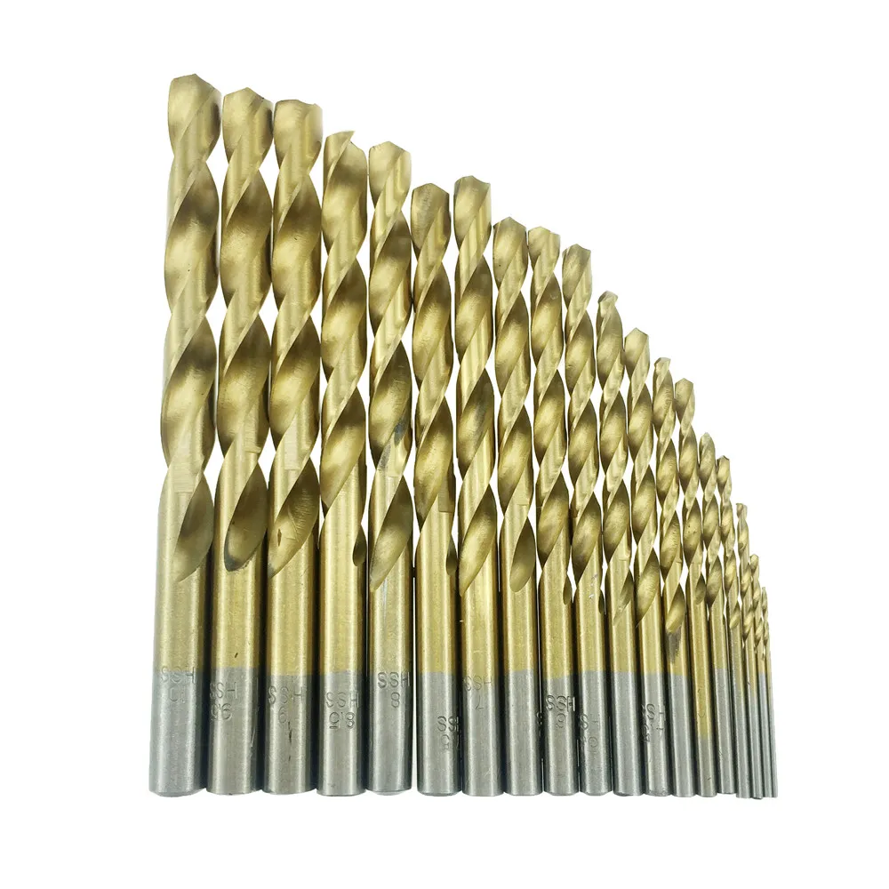 

ALLSOME 19Pcs HSS Drill Bit Set Titanium Coated Twsit Drill Bits step 1-10mm Straight Shank Wood work Metal Drilling Tool HT1457