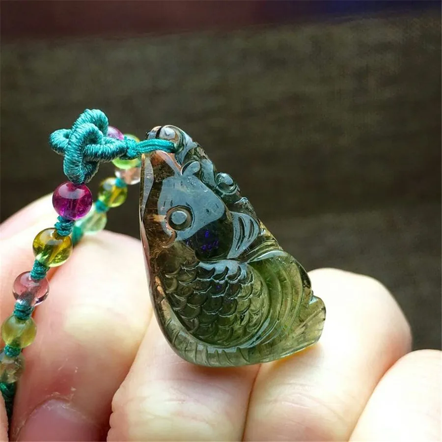 

Genuine Natural Green Tourmaline Quartz Fish Shaped Women Fashion Charms Suspension Necklace Crystal Pendant 26*20*9.5mm