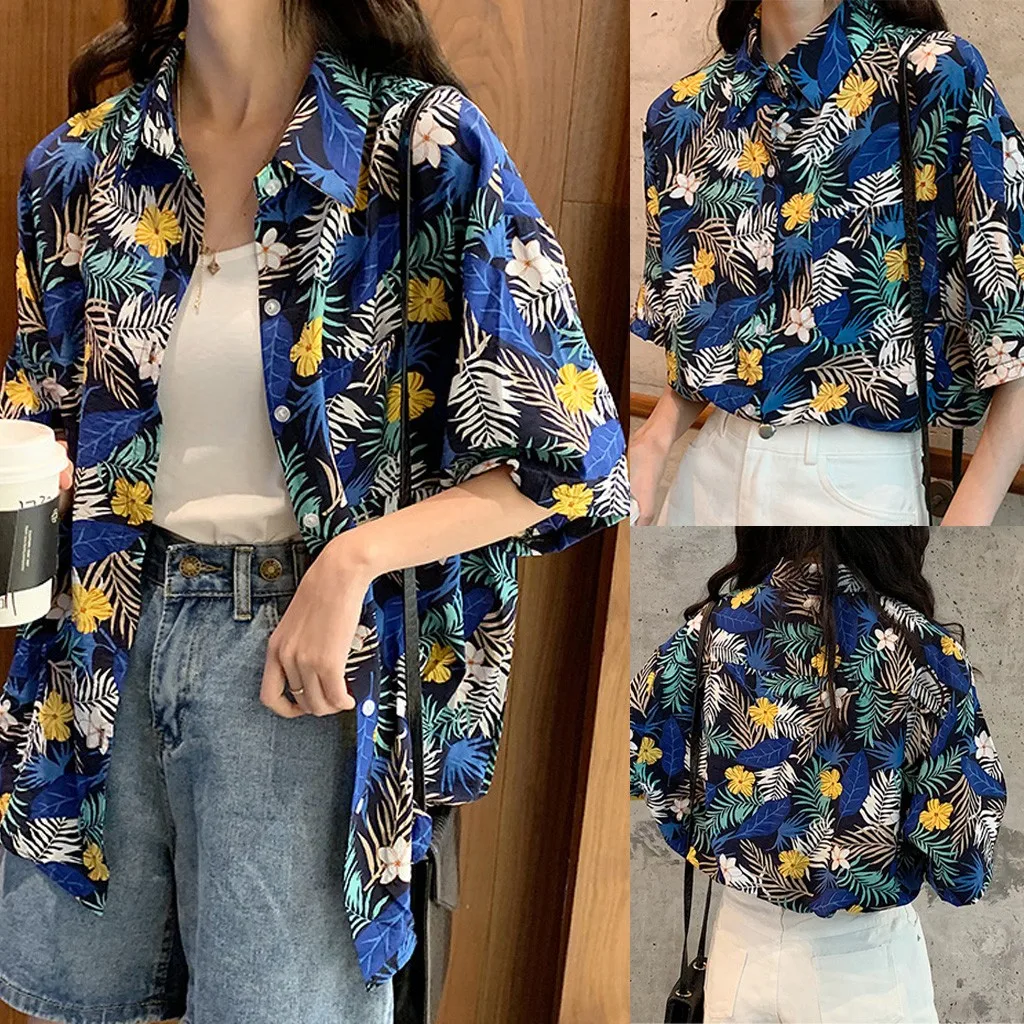 

Fashion Women Top Lapel Smock Printing Shirt Half Sleeve V-Neck Loose BlouseWomen's five-quarter sleeve printed shirt