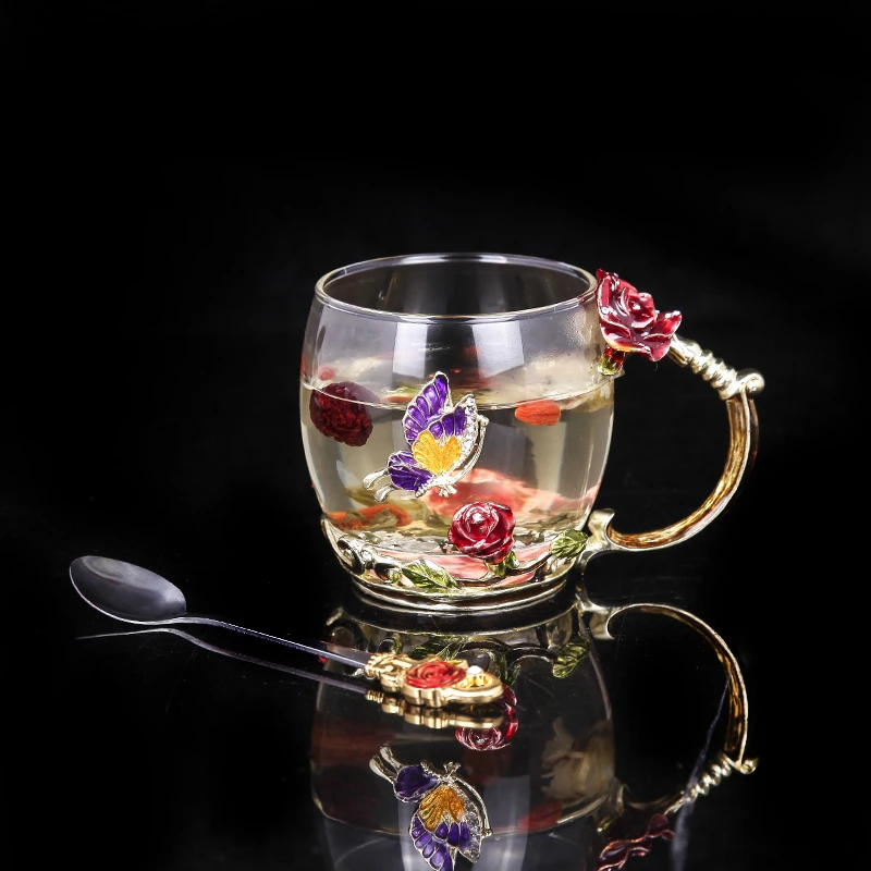 Хрустальные эмалированные стеклянные чашки с бабочкой для кофейного чая с красной розой, рукоять, кружка для свадьбы, подарок на день рождения