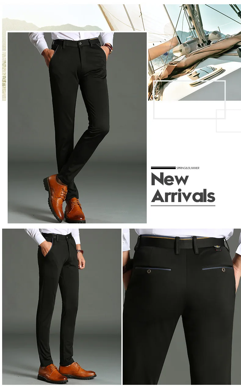 Весенние нежелезные мужские классические брюки, модные деловые брюки Чино, мужские Стрейчевые облегающие эластичные Длинные повседневные черные брюки