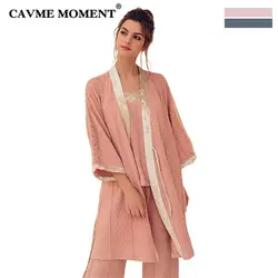 CAVME 2019 шерстяные кружево пижамы для девочек для женщин халат Spagahetti ремень полный брюки комплект из 3 предметов Pyama пикантны