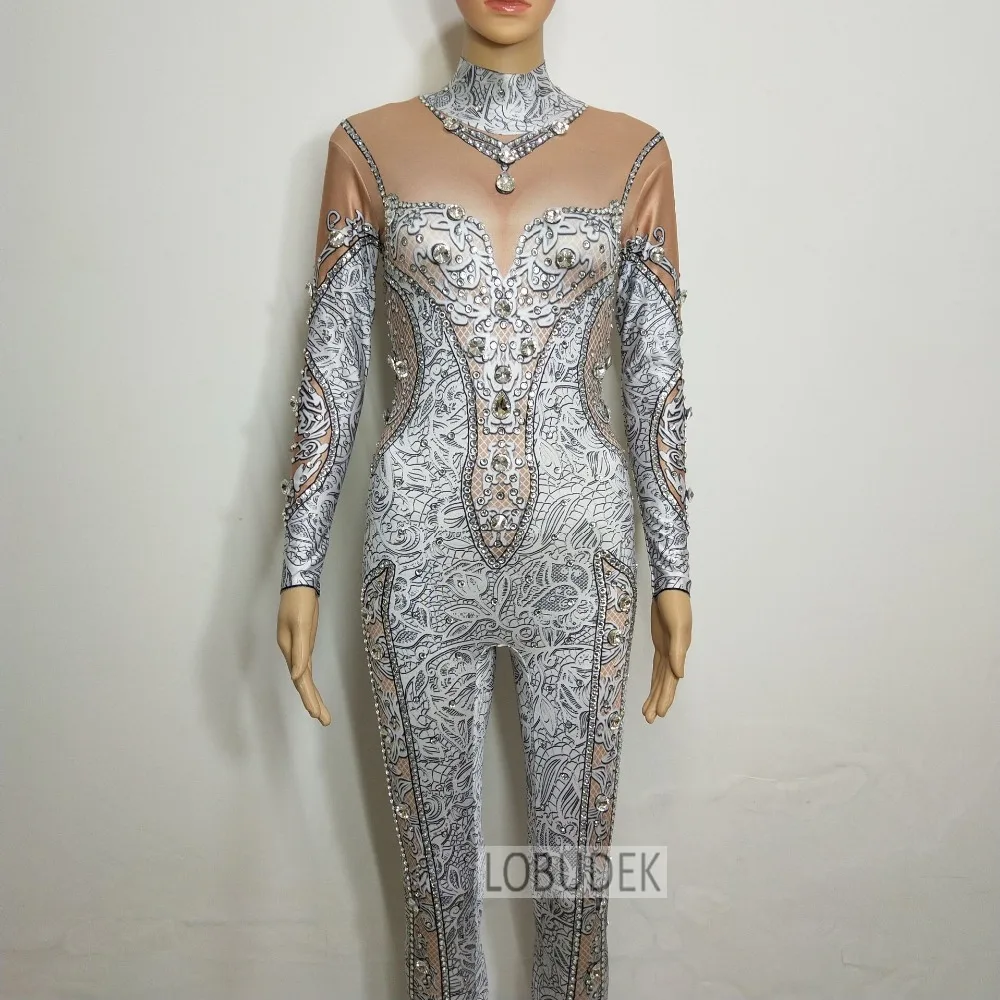 White 3D Prtinting Jumpsuit sparkly Crystal Stones Bodysuit Women Singer DJ DS Stage Costume Birthday Party Sexy Stage outfit