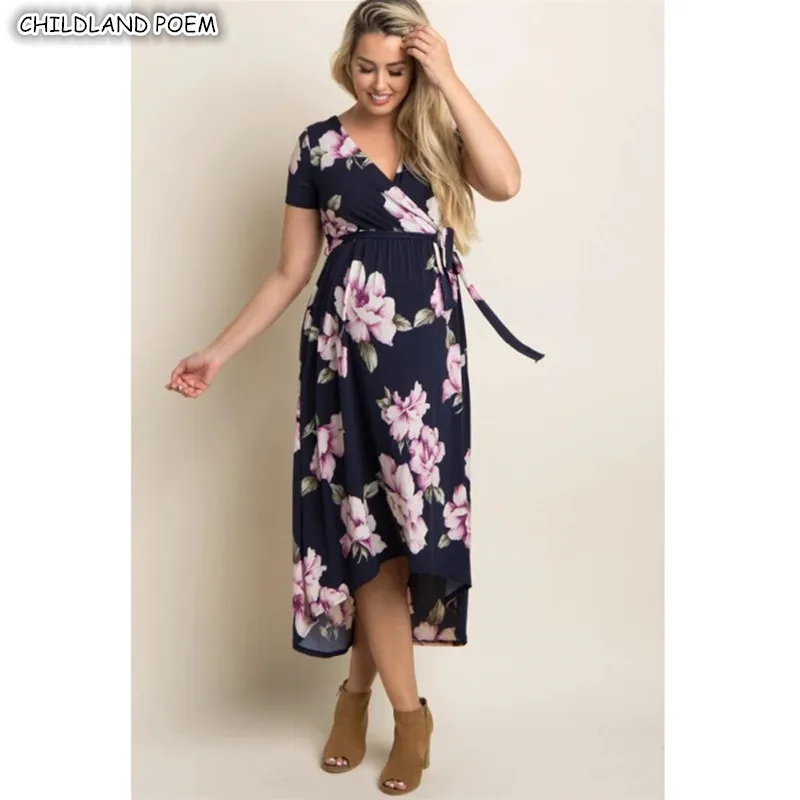 Robe de maternité en coton | Motif Floral, élégant, col en v, vêtements de maternité, pour femmes, été