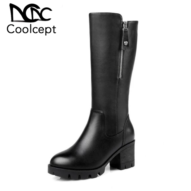 

Coolcept Genuine Leather Women Boots High Heel Zipper Platform Shoes Women Warm Thick Fur Winter Boots Quality Shoes Size 35-41