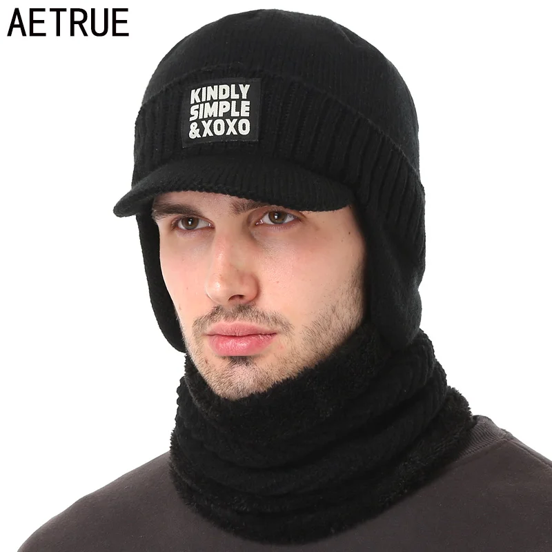 

AETRUE Winter Hat Scarf Skullies Beanies For Men Knitted Hat Women Mask Thick Balaclava Earflap Wool Bonnet Male Beanie Hats Cap