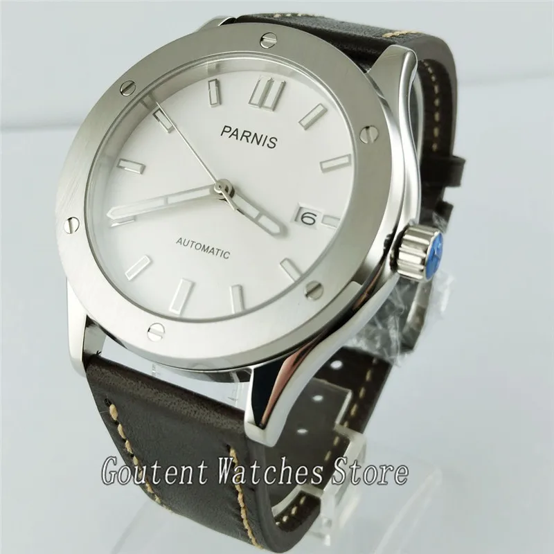 

43mm Parnis White Dial Sliver Steel Case Leather Autmatic Men Watch 2732