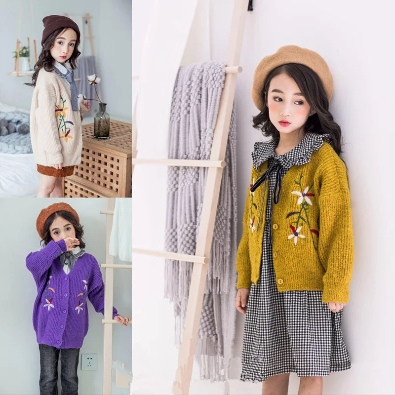 WOTTAGGA 2019 Spring Toddler Kid Girls Clothes Knitted Embroidered Flower Sweater Cardigan Coat Tops